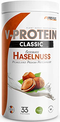 Vegan Protein Pulver HASELNUSS 1kg - V-PROTEIN - Pflanzliches Eiweißpulver auf Erbsenprotein-Basis mit 76% Eiweiß-Gehalt - optimale Protein-Wertigkeit - veganer Protein-Shake ohne Soja & Weizen