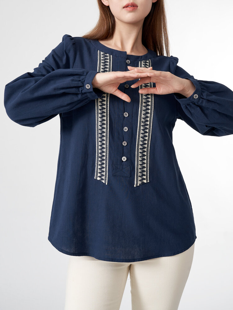 Langarm-Rundhalsausschnitt mit Kontrastknöpfen vorne Damen Bluse