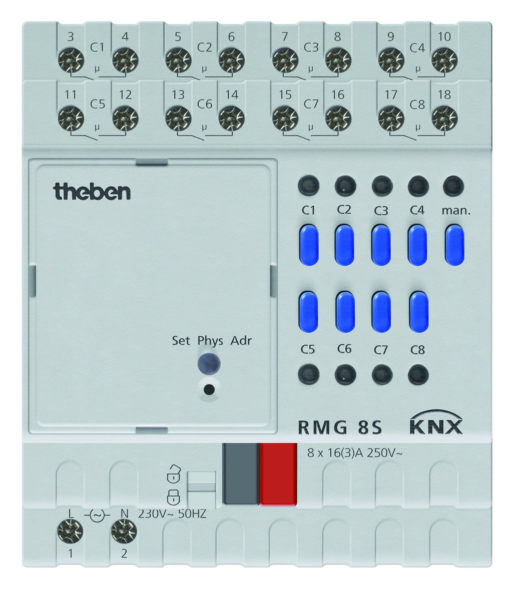 Theben 4930220 RMG 8 S KNX 8-fach Schaltaktor Grundmodul der MIX2 Serie I 8 Kanäle I DIN-Schiene I Hutschiene I 4 TE