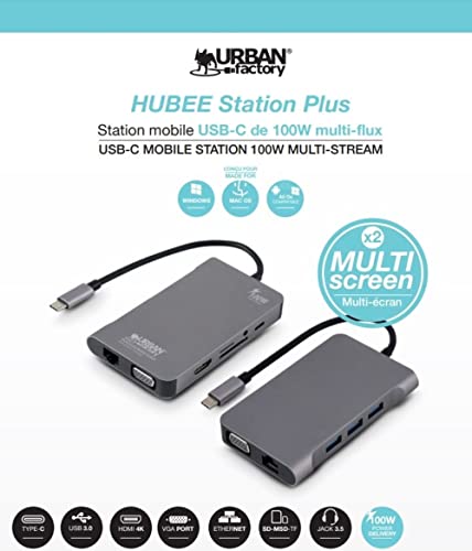 Urban Factory Hubee Plus USB C Hub 100 Watt Dockingstation Dual Monitor HDMI für Notebook/Laptop/Windows/MAC/IOS, Multiport Adapter, 4K HDMI, VGA, RJ45, USB3.0, 100W PD