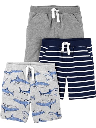 Simple Joys by Carter's Baby Jungen Shorts aus Strick, 3er-Pack, Marineblau/Grau, Streifen/Haifische, 6-9 Monate