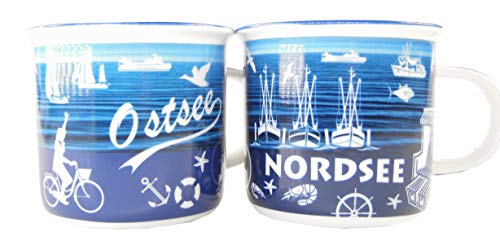 osters muschel-sammler-shop Kaffeebecher Weiss/blau mit maritimen Muster ┼ Ostesse ┼ Nordsee ┼ Teebecher ┼ Strandtasse-Becher ┼ Geschenk-Artikel (Bundle 2er Set (je1x))