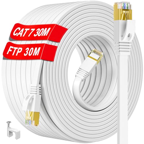 Flaches Ethernet-Kabel, CAT.7, Netzwerkkabel (RJ45), Cat7 Ethernet-Kabel, 10 m, High Speed Flat Gigabit RJ45 LAN-Netzwerkkabel, 10 Gbit/s, 600 MHz, für Switch, Router, Modem, Patchpanel, PC 30M weiß