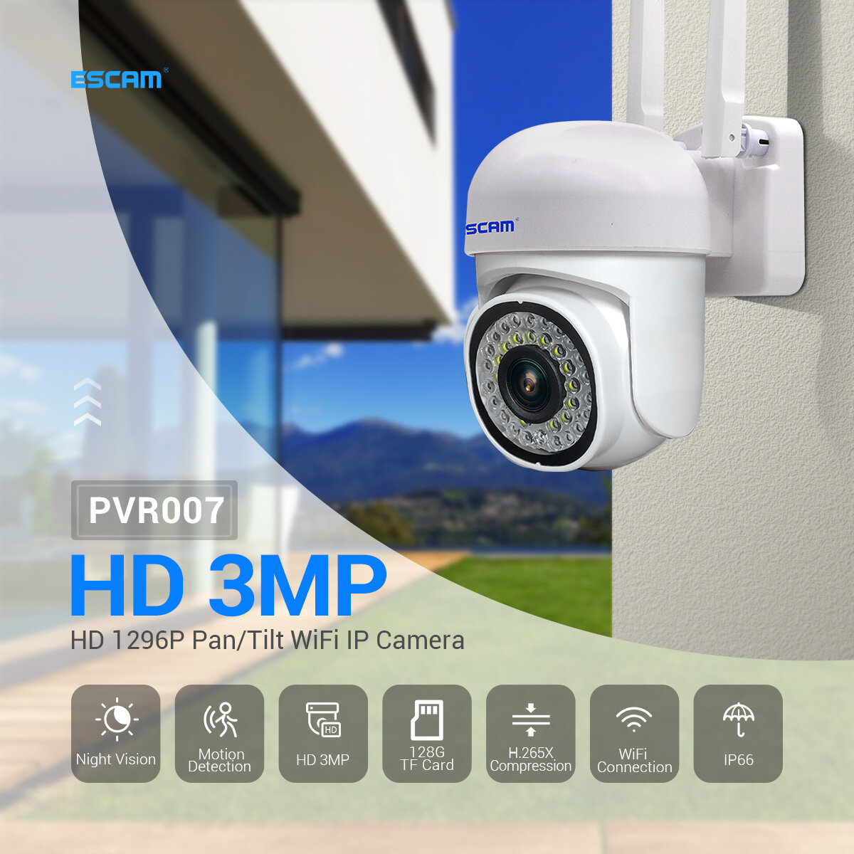 ESCAM PVR007 3MP 1296P Full Color Kabellos PTZ IP Dome Kamera H.265 IP66 AI Humanoid Detection Home Security CCTV Babyph