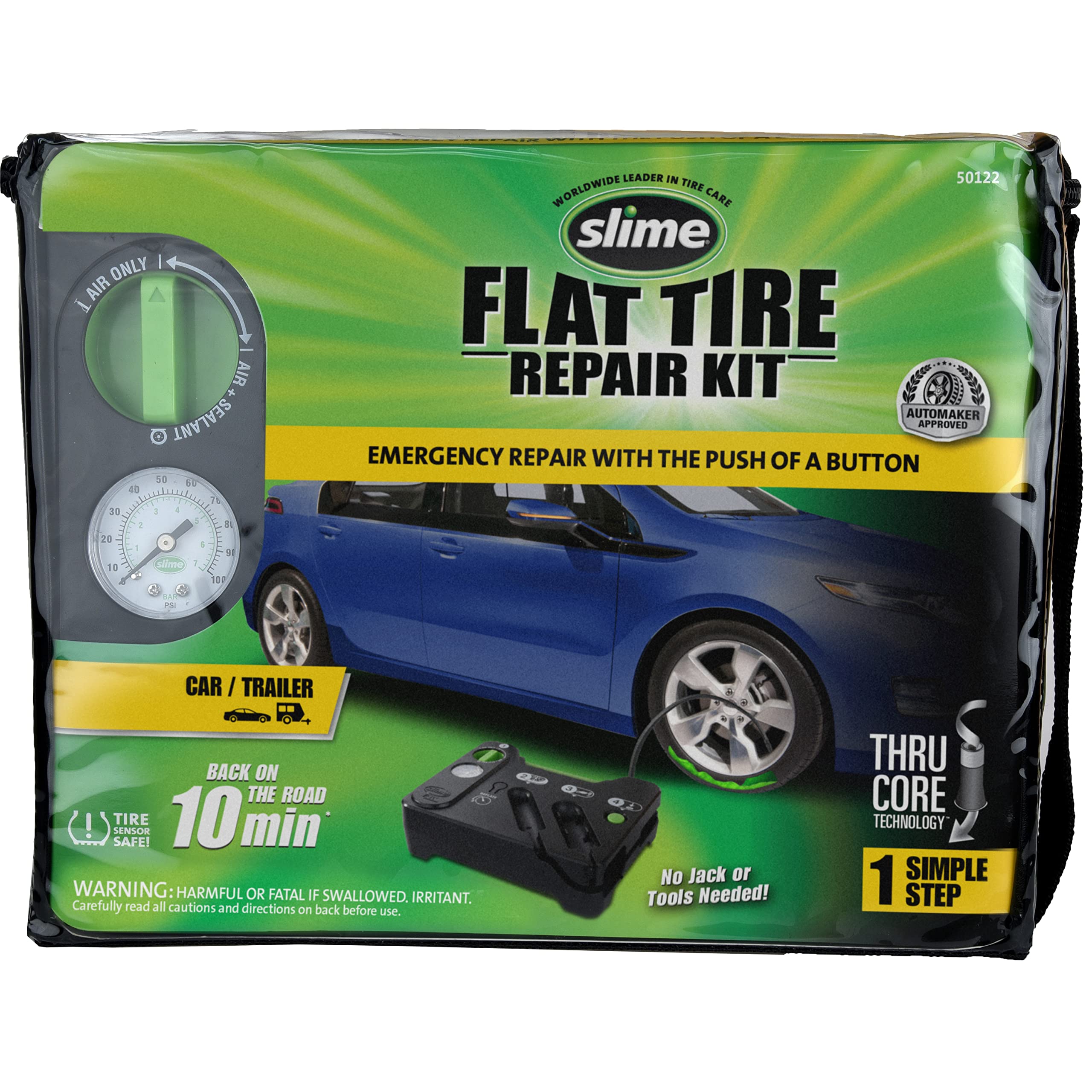 Slime 50122 Reifenpannen-Set, inkl. Dichtmittel und Reifenfüllpumpe, analog, geeignet für Autos und andere Autobahnfahrzeuge, 10 Min Fix
