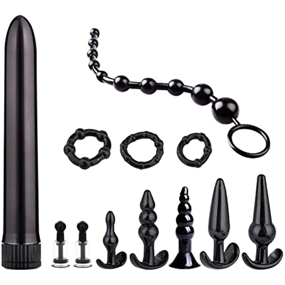 WJE Sex Toys 12 Pieces, Plug 7 Set, 3 Rings and 1 Pair of Nipple Suction BDSM Bondage Set, Toy, Prostate Massage, Breast Stimulators, Butt Plug, Sex Toy for Men and Women