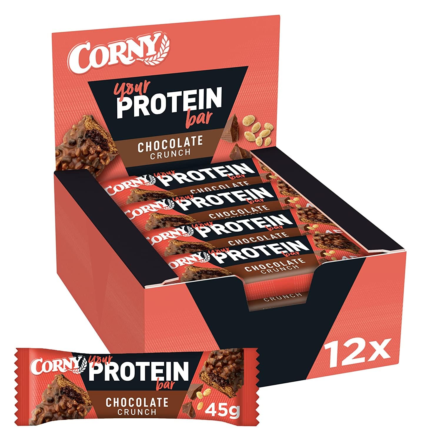 Protein Riegel Corny Chocolate Crunch, 30% Protein, Eiweißriegel ohne Zuckerzusatz, Großpackung 12x45g