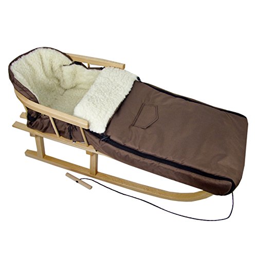 Kombi-Angebot Holz-Schlitten mit Rückenlehne & Zugseil + universaler Winterfußsack (108cm), auch geeignet für Babyschale, Kinderwagen, Buggy, Lammwolle Uni (braun + Schlitten)