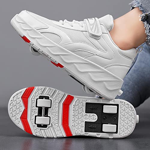 XRDSHY Schuhe Mit Rollen Junge Mädchen, 2-in-1 Rollschuhe Kinderschuhe Skateboardschuhe Sneakers, 4-Rad Roller Skates Laufsportschuhe, Verstecktes Hinterrad,White-34 EU