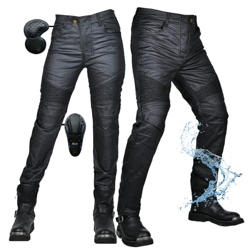 SHUOJIA Damen Motorradhose - Wasserdichte Beschichtete Motorcycle Jeans Biker Pants mit Abnehmbarer 4 Protektoren - Motorrad Hose Motorradrüstung Schutzauskleidung (Black,4XL)