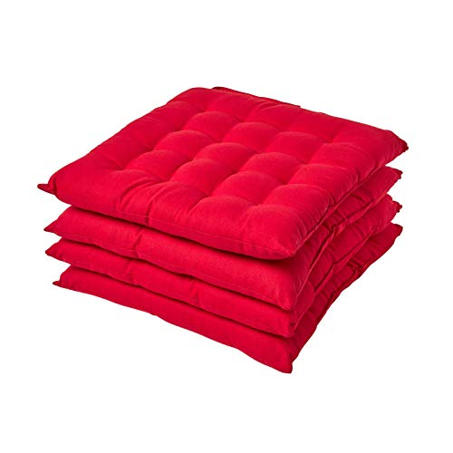 Homescapes 4er Set Stuhlkissen 40 x 40 cm, rot, Sitzkissen mit Bändern und Knopfverschluss, einfarbige Auflagen für Stühle mit Bezug aus 100% Baumwolle und weicher Polyester-Füllung