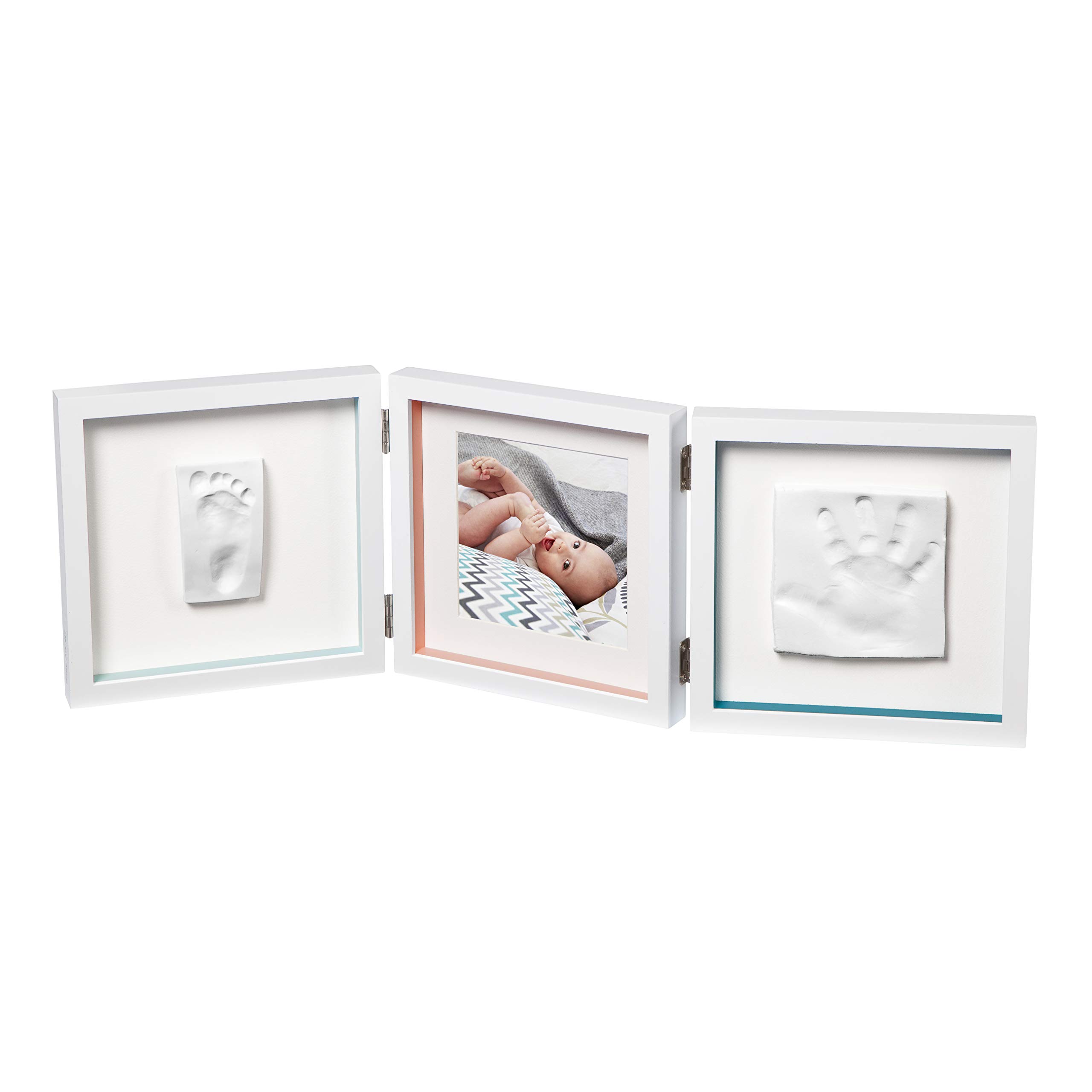 Baby Art Bilderrahmen, dreiteiliger Fotorahmen mit Gipsabdruck für Baby Fußabdruck oder Handabdruck, schönes Erinnerung Andenken oder Geschenk, Maße: 20 x 51 x 17 cm & eckig, Essentials