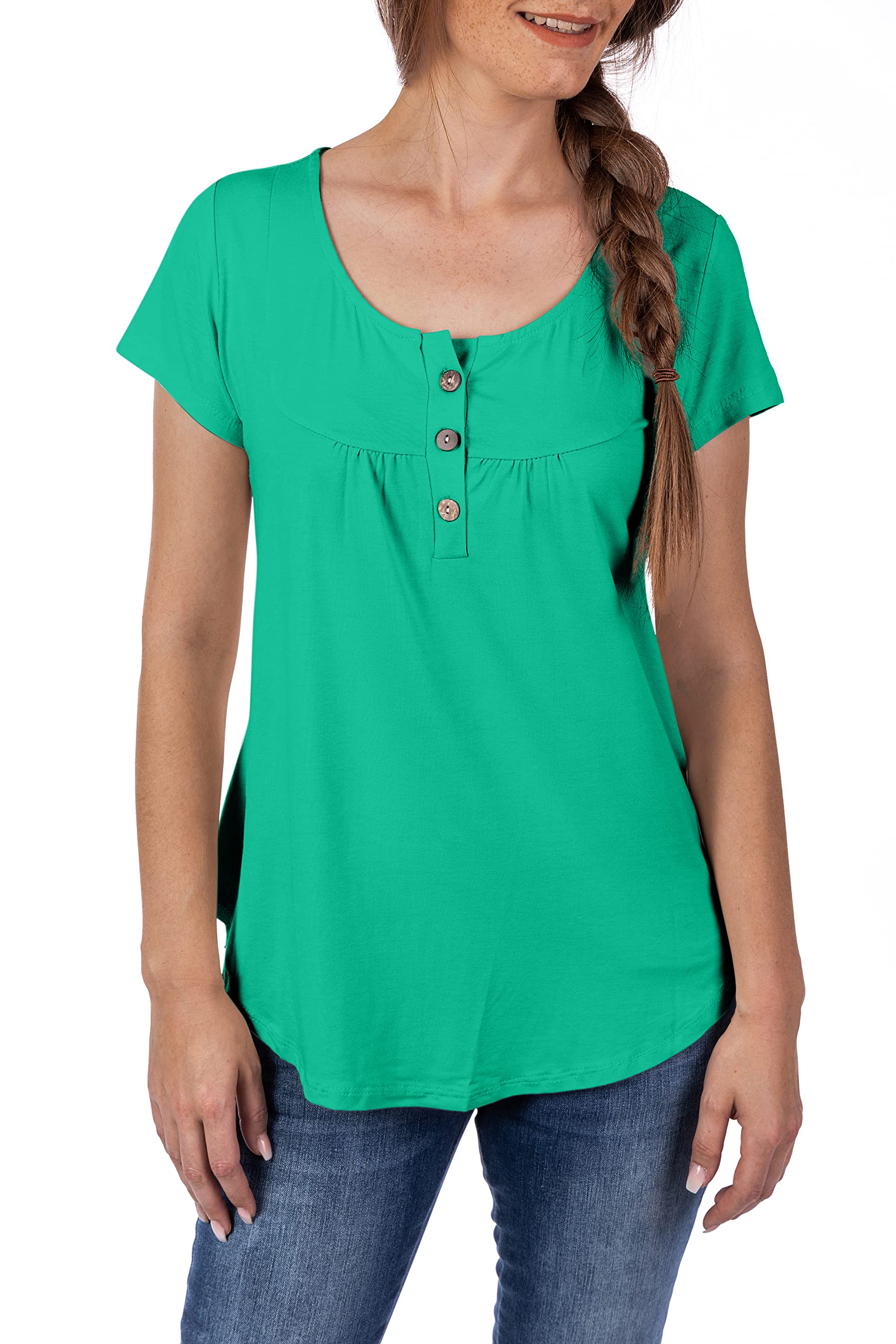 U&F Damen Basic Shirt | Umspieltes Dekollete in Rundhals mit Knöpfen | perfekte Passform, auch für Problemzonen | modischer eleganter Look | Grün Größe: XL