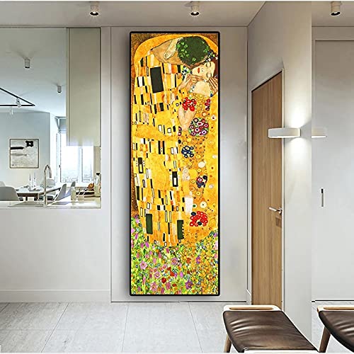 Klassischer Künstler Gustav Klimt Kuss Abstrakte Leinwandmalerei Poster und Drucke Wandkunstbilder für Wohnzimmerdekoration 20 x 60 cm (8 x 24 Zoll) mit Rahmen
