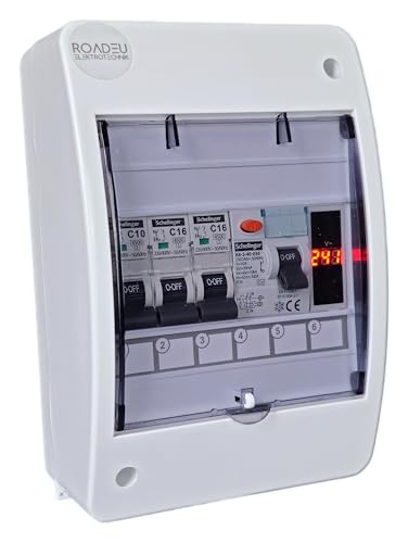 RoadEu - Leitungsschutzschalter - Stromverteiler 230V - Komplett mit Spannungsanzeiger - Fi Schutzschalter - 16A Sicherungsautomat und 10A "C" 1P in einem Aufputz Verteilerkasten