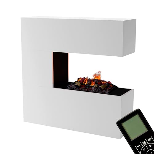 GLOW FIRE Schiller Elektrokamin Opti Myst Cassette 500 mit Holzdeck | 3D Wasserdampf Feuer, Elektrischer Kamin mit Fernbedienung, Regelbarer Flammeneffekt, Weiß