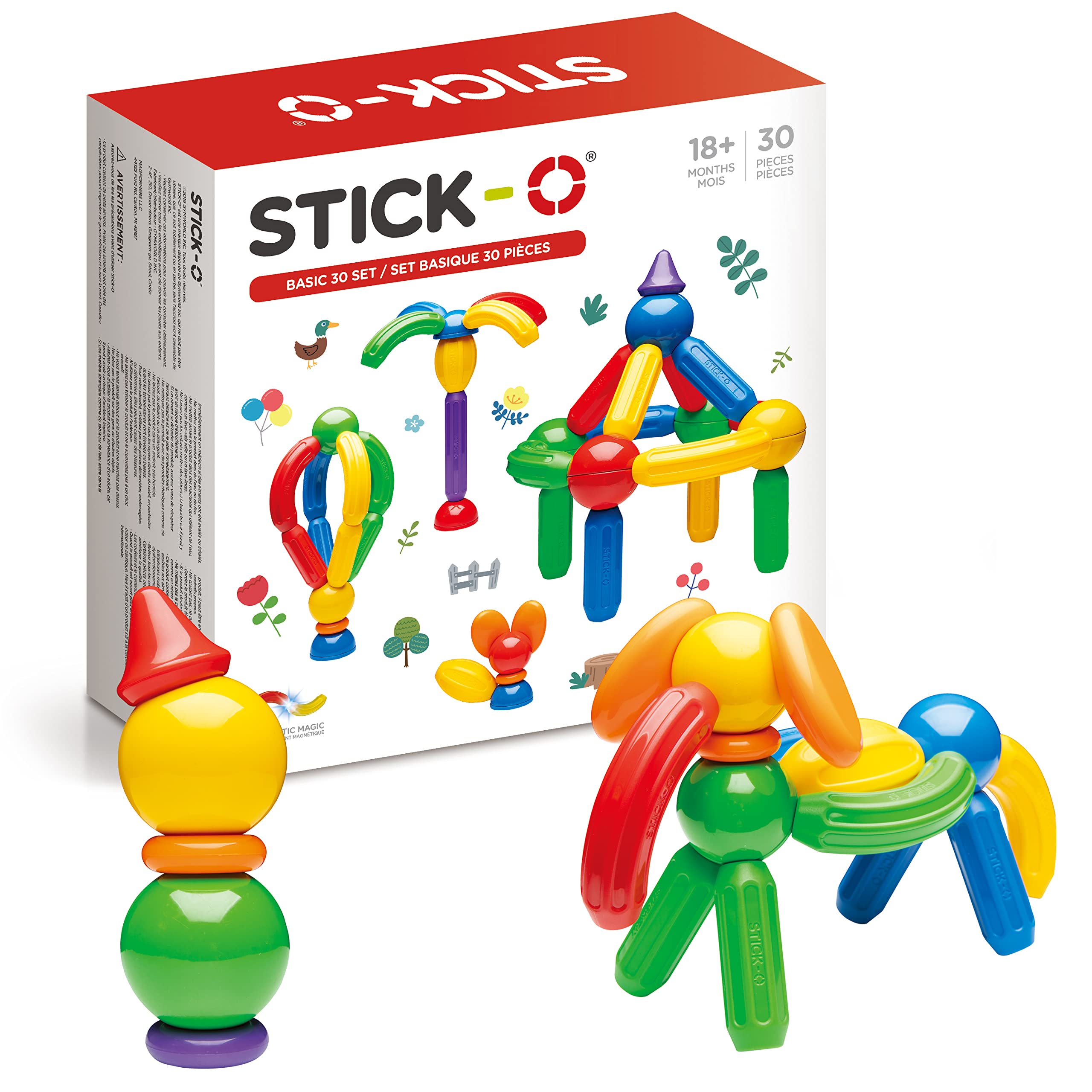Stick-O Basic 30-Piece Magnetic Building Blocks Toy. Funky, Chunky, Grippy Pieces Perfect for Preschool Hands., Rainbow, 901003