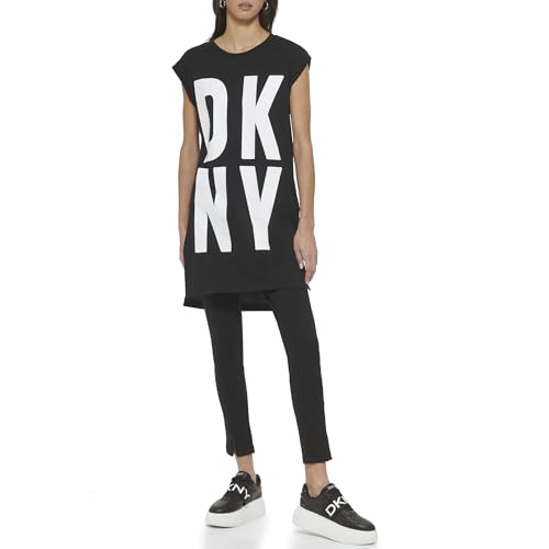 DKNY Women's Exploded Logo Cotton Blend Tunic T-Shirt, Black / White, XS