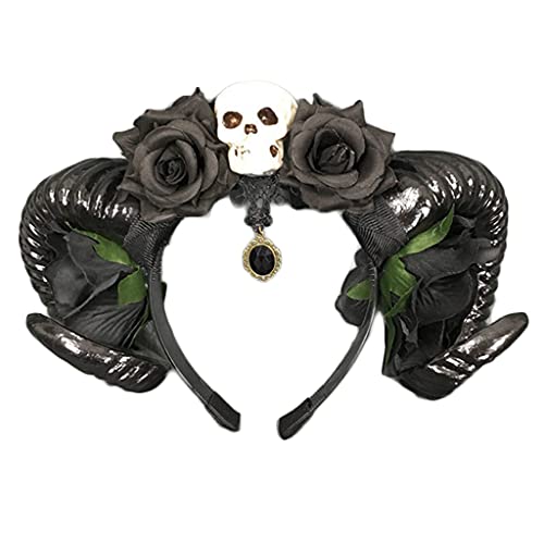 gulang-keng Frauen Schaf-Horn Kopfschmuck - Blume Schädel Stirnband für Halloween Party Weihnachten Kreative Gothic Haarschmuck