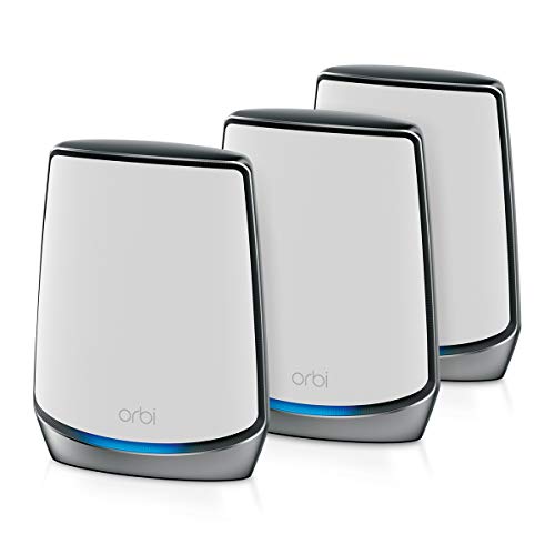 Netgear WiFi Tri-Band WiFi 6 Orbi (RBK853), AX6000, Geschwindigkeit bis zu 6 Gbit/s, deckt bis zu 525 M2 und mehr als 60 Geräte ab, Packung mit 1 Base/Router und 2 Satelliten