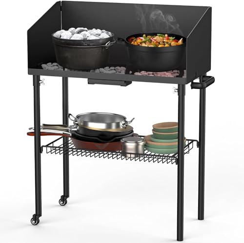 Onlyfire Dutch Oven Tisch 76 * 41cm, Outdoor Grillwagen Grilltisch mit Windschutz, Abstellfläche für Feuertopf Bräter und Grillzubehör