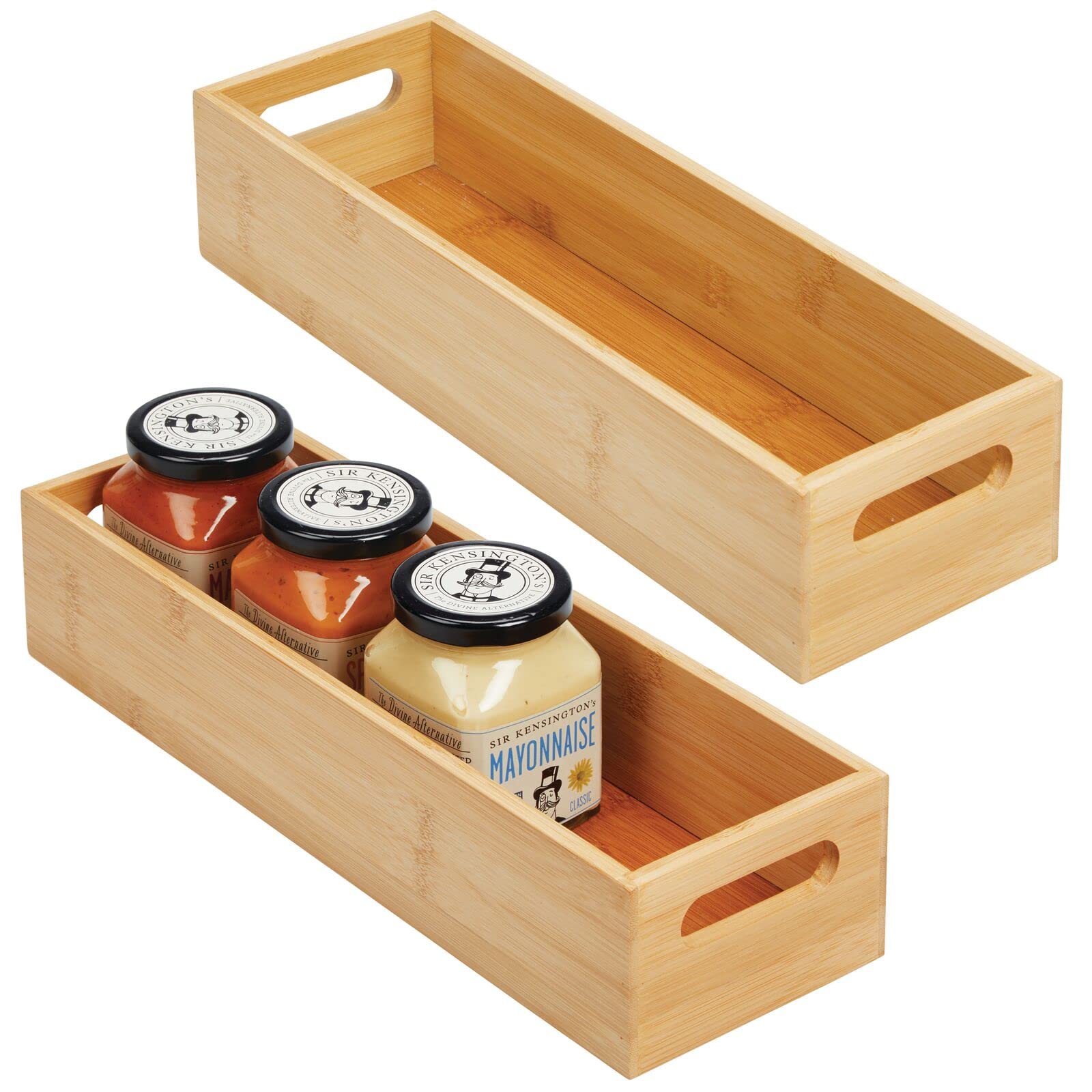 mDesign 2er-Set Aufbewahrungsbox mit Griffen – praktische Holzbox zur Lebensmittelaufbewahrung – für Gewürze, Nüsse oder Flaschen – offene Ablage aus Bambusholz für die Küche – bambusfarben