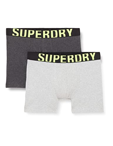 Superdry Mens DUAL Logo Double Pack Boxer Shorts, Charcoal/Grey Fluro, Medium