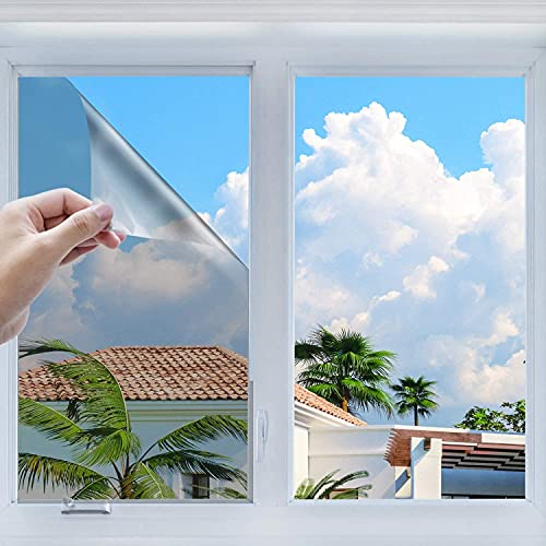 HOMTOL UV-Schutz Fensterfolie, Spiegelfolie Selbstklebend Wärmeisolierung Sonnenschutzfolie, Sichtschutzfolie Fenster innen oder außen, selbstklebend für Büro und Haus, Silber (80x400cm)