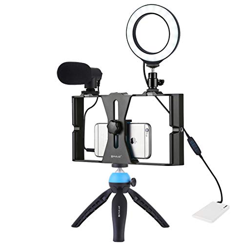 PULUZ 4 in 1 Vlogging Live Broadcast Smartphone Video Rig + 11,9 cm Ring LED Selfie Light Kits mit Mikrofon + Stativ Halterung + Kaltschuh Stativ Kopf für Smartphone