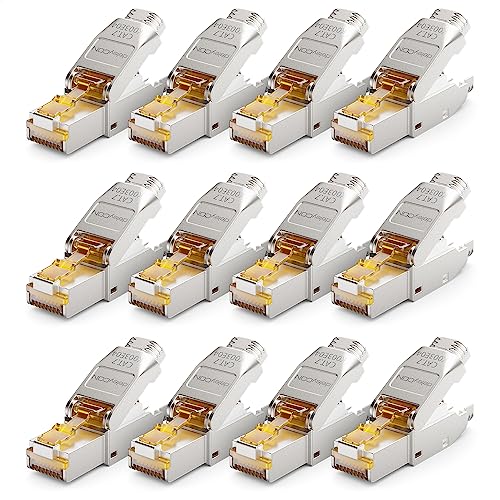 deleyCON 12x CAT 7 Netzwerkstecker Stecker RJ45 Werkzeuglos Geschirmt 10 Gbit/s 600 MHz Netzwerk Stecker für Starre Verlegekabel Rohkabel Steckverbinder RJ45 Ethernet LAN DSL Patchkabel