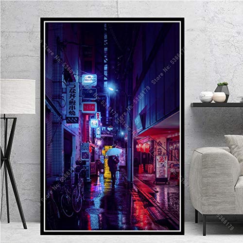 Poster Japan Tokyo City Night Stadtbeleuchtung Landschaftsmalerei Wand-Kunst-Garten Bild Living Home-Raum-Dekor (Color : Burgundy, Size (Inch) : 59x84 CM No Frame)