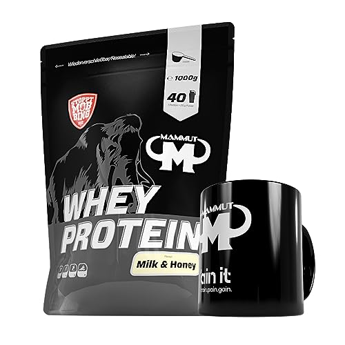 1kg Mammut Whey Protein Eiweißshake - Set inkl. Protein Shaker, Riegel, Powderbank oder Tasse (Milk & Honey, Mammut Keramik Tasse)