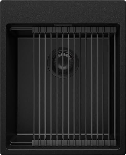 Spülbecken Alles Schwarz 43x53 cm, Granitspüle 1 Becken + Ablauf-Set, Küchenspüle ab 45er Unterschrank, Einbauspüle von Primagran