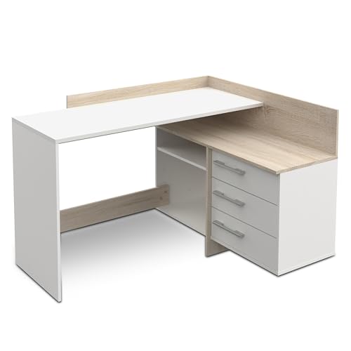 habeig Eck-Schreibtisch, Schreibtisch, Sonoma Eiche, weiß, Computertisch, Eckschreibtisch, PC-Tisch, Modern, 129x106x83cm (LxTxB) #881