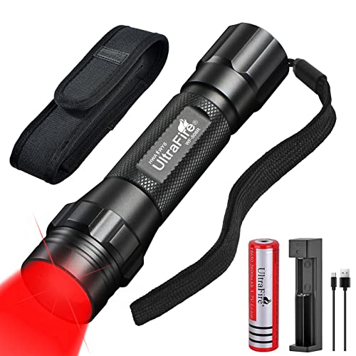 UltraFire Rote LED Taschenlampe 620-630nm Rotes Licht Zoomable Single Modus Mini Taktische Jagd Taschenlampe mit Holster, 2600mAh Wiederaufladbarer Batterie und Ladegerät, Rotlicht für Nachtsicht