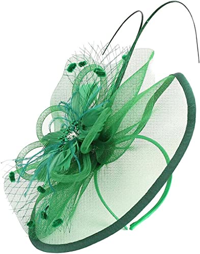 Mesh-Fascinators, Hut, Tea-Party-Kopfbedeckung, Bänder, Federn auf einem Stirnband und ein Rosen-Stirnband, graues Haar-Stirnband (Color : Green, Size : One Size)