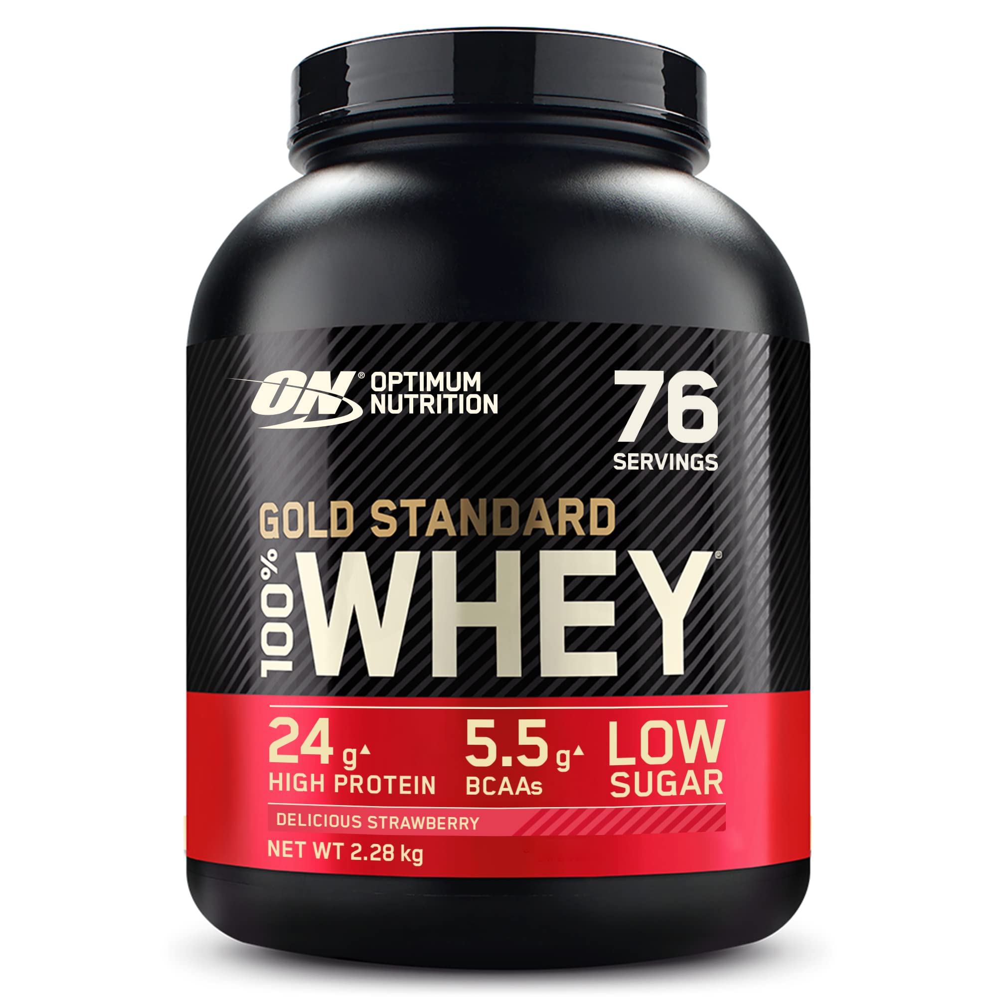Optimum Nutrition Gold Standard 100% Molkenproteinpulver für Muskelaufbau und -regeneration mit natürlich vorkommendem Glutamin und BCAA-Aminosäuren, Delicious Strawberry, 76 Portionen, 2,28 kg