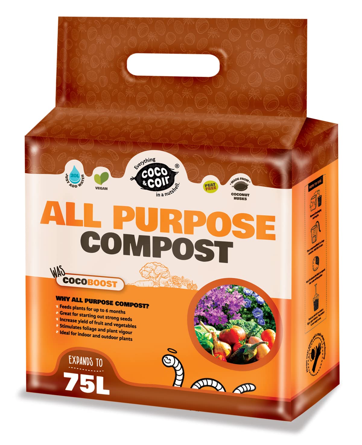 Coco & Kokosfaser Allzweck-Kompost torffreie Kokoserde für Pflanzen im Innenbereich Blumenerde gedüngt mit NPK - Coco Boost (75L)