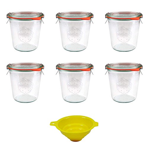 Viva Haushaltswaren - 6 x mittleres Weckglas/Einmachglas 500 ml mit Deckel in Sturzform, leeres Rundrandglas zum Einkochen - als Marmeladenglas, Dessertglas (inkl. Klammern, Ringen & Trichter)