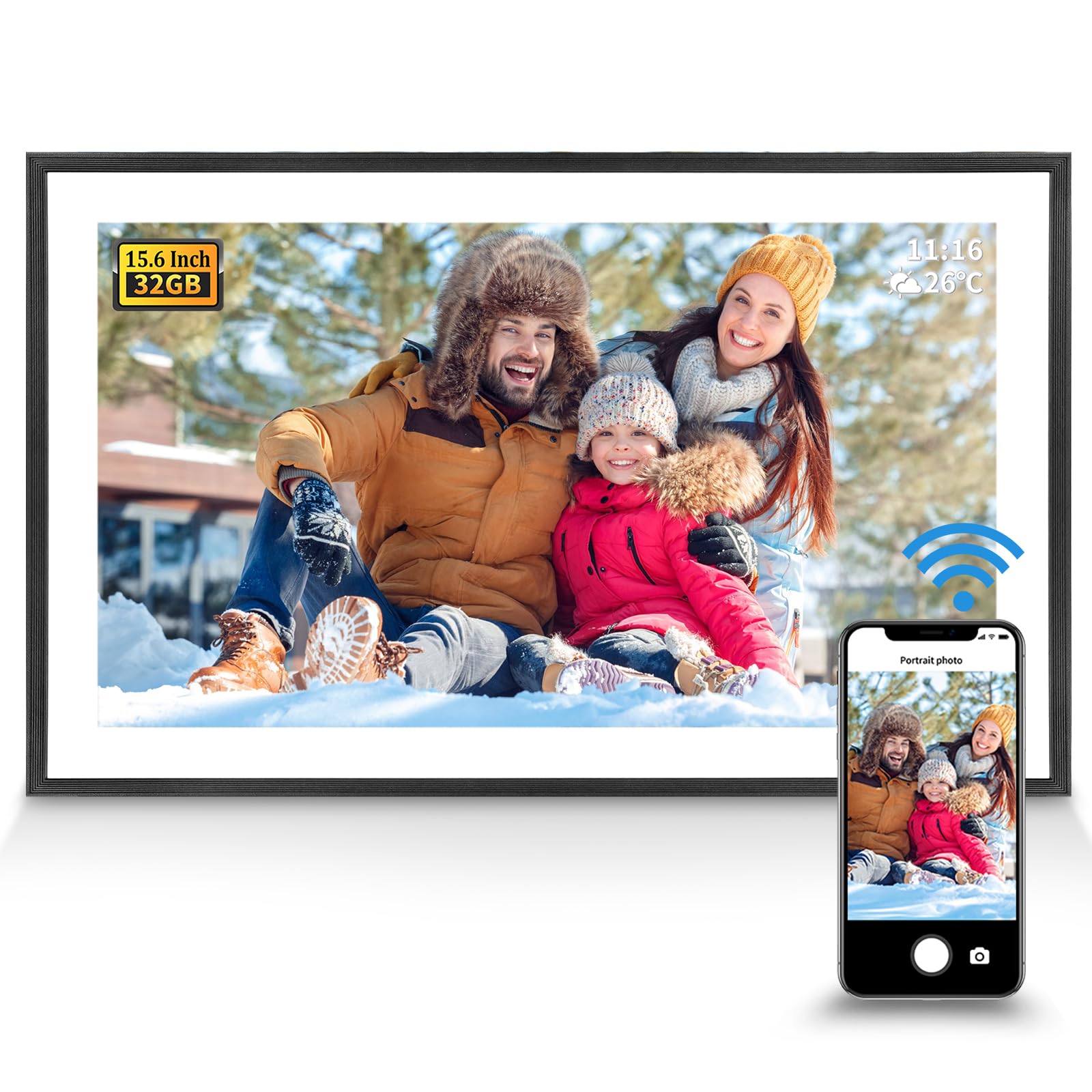 Digitaler Bilderrahmen 15,6 Zoll – WiFi Digitaler Bilderrahmen mit kostenloser App – Teilen Sie Fotos und Videos mit 1920 * 1080 IPS HD Touchscreen von FLYAMAPIRIT
