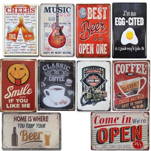 Vintage-Schilder, Set mit 10 dekorativen Metall-Wandschildern, Retro-Dekoration für Wohnzimmer, Bar, Café, Küche, Restaurant, Büro, Größe 20 x 30 cm