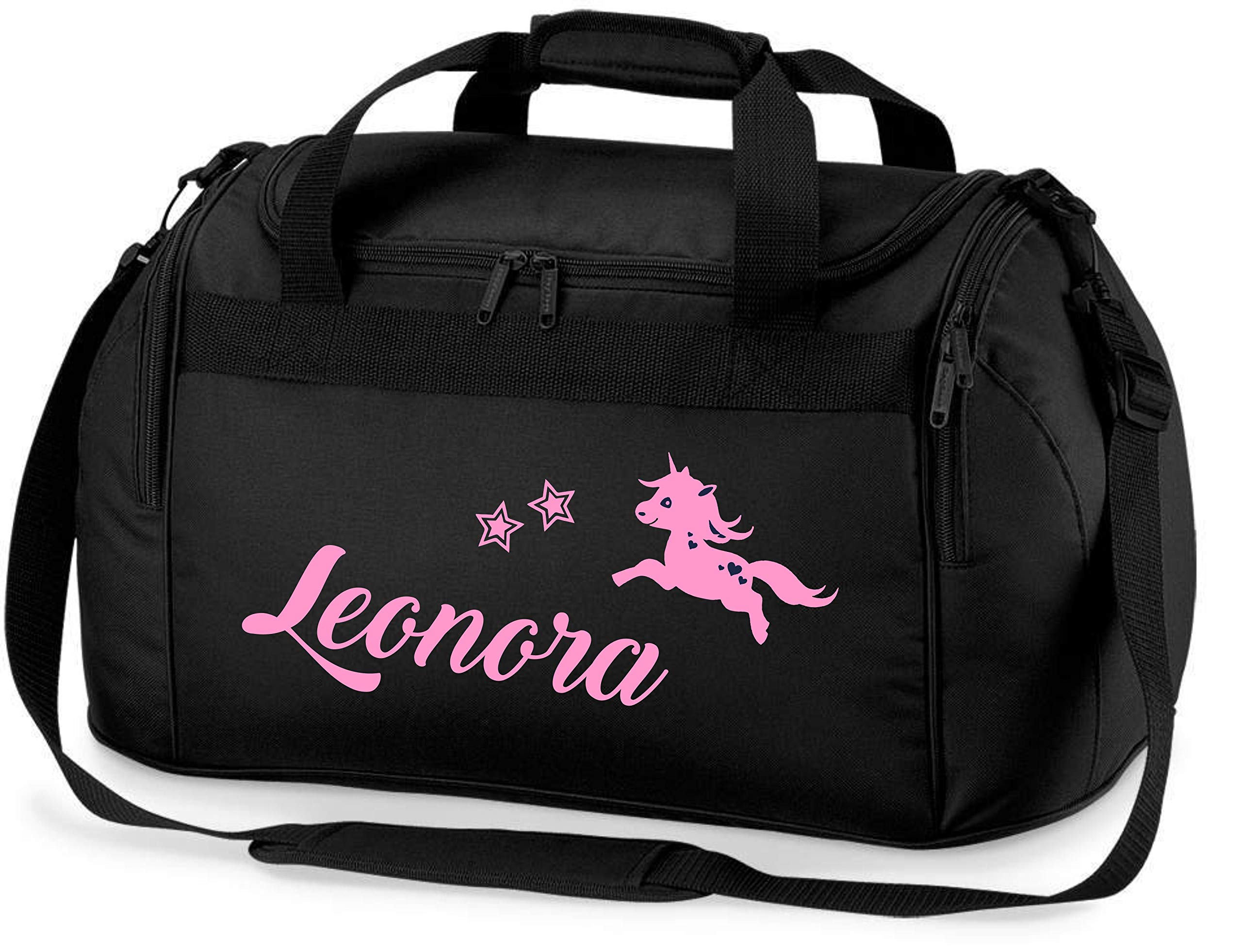 minimutz Sporttasche mit Namen | inkl. NAMENSDRUCK | Motiv springendes Einhorn & Sterne | Personalisieren & Bedrucken | Reisetasche Mädchen zum Umhängen in schwarz & pink