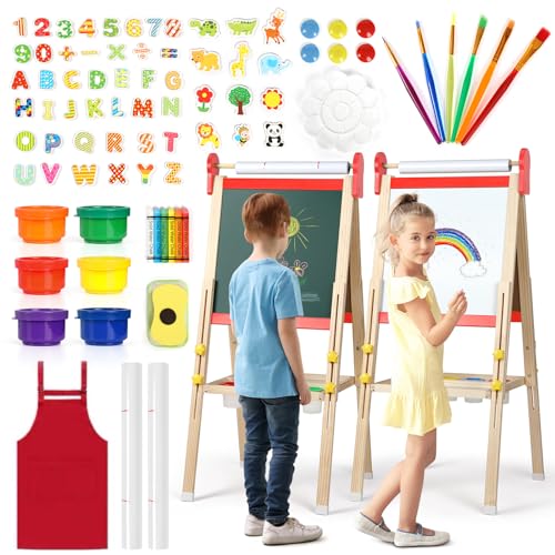 Kinder-Staffelei, 3-in-1-Staffelei zum Malen mit Magnettafel, Zeichenpapier, Kreidetafel und Whiteboard für Kinder, verstellbare Kinder-Staffelei mit Kinder-Kunstbedarf, Geschenk für Kinder,Rot