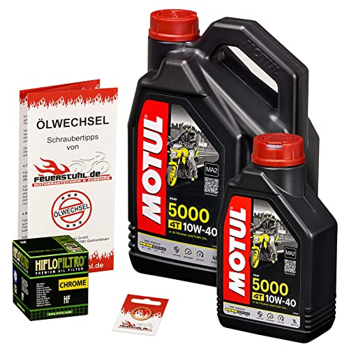 Motul 10W-40 Öl + HiFlo Ölfilter für Suzuki VL 1500 Intruder, 98-04, AL - Ölwechselset inkl. Motoröl, Chrom Filter, Dichtring
