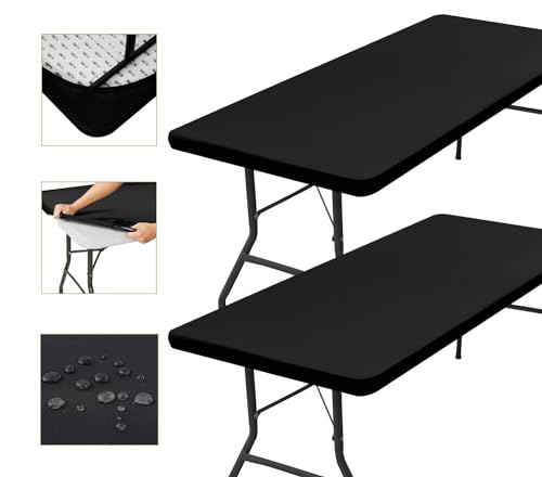 Glop 2 Tischdecken, rechteckig, 182 x 76 cm, schwarzer Stoff, elastisch, verstellbar, wasserabweisend, knitterfrei, ideal für den Außenbereich, Garten, Camping und elastische Passform für Klapptisch,