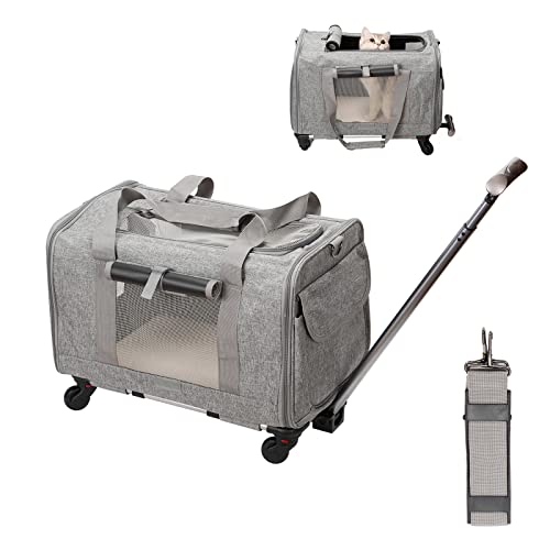 FLYAMAPIRIT Mobile Haustiertragetasche für kleine mittelgroße Hunde Katzen Tragbare Reisetragetasche mit Teleskopgriff und abnehmbaren Rädern