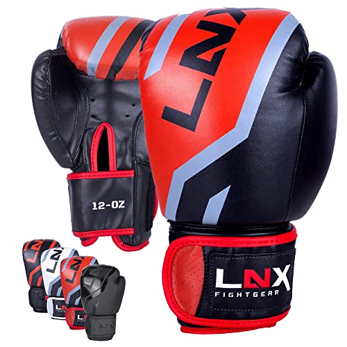 LNX Boxhandschuhe Level 5" - 8 10 12 14 16 Oz - perfekt für Kickboxen Boxen Muay Thai K1 MMA Kampfsport UVM Black/red (001) 12 Oz