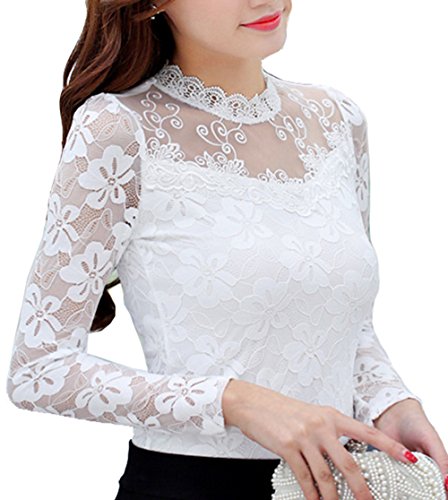 Cheerlife Elegant Damen Langarmshirt Bluse mit Floraler Spitze T-Shirt Spitzenshirt Top Bluse Shirt Tunika Hemd L Weiß