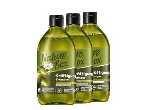 Nature Box Shampoo Kräftigung (3x 385 ml), Shampoo für lange Haare mit Oliven-Öl schützt vor Haarbruch und verleiht gepflegtes Haar, Flasche aus 100% recyceltem Social Plastic