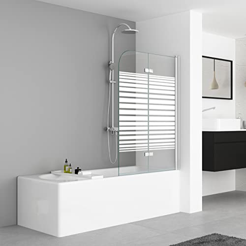 IMPTS 120x140cm Duschwand für Badewanne 2 TLG. Faltwand Duschtrennwand mit Milchglas Streifen Badewannenaufsatz Duschabtrennung 6mm ESG-Sicherheitsglas teilsatiniert, inkl. Nanobeschichtung